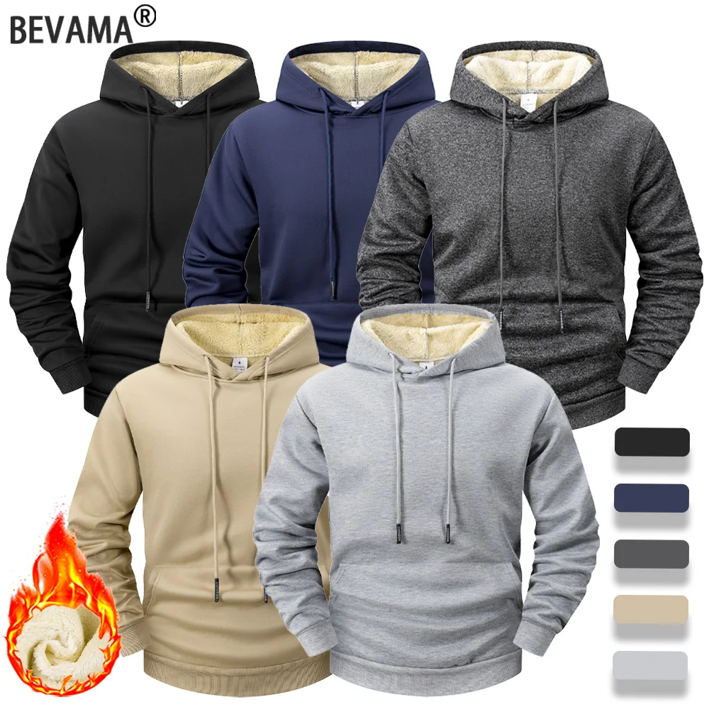 جديد 2025 سترة بقلنسوة من الصوف للرجال شتوية سميكة ودافئة مع قلنسوة ورقبة دائرية بلوفر أساسي متين ملابس رياضية فضفاضة للرجال