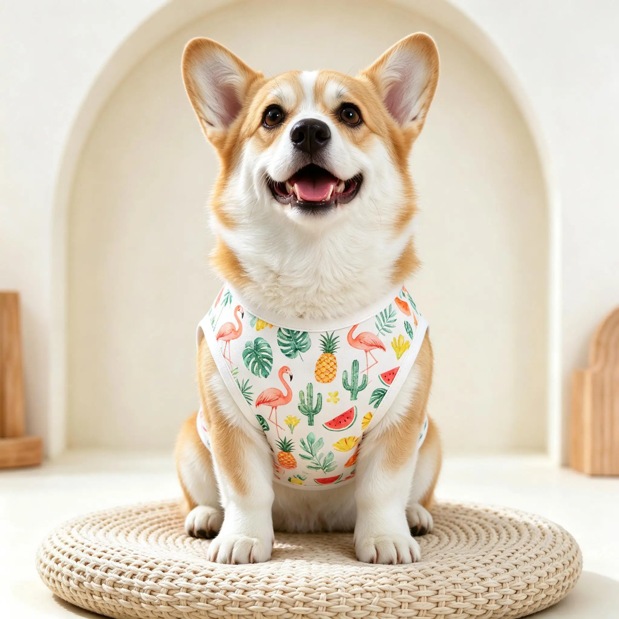 Pet Dog Vest White Flamingo Cactus Print Lightweight Sleeveless Shirt for Small Medium Dogs Tropical Party Daily Wear