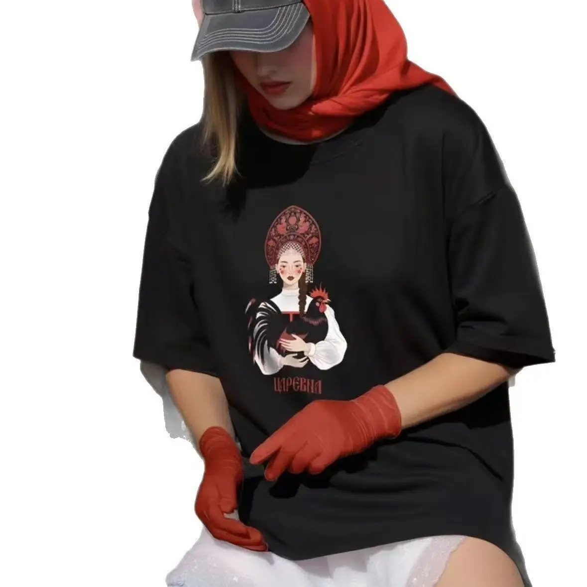 Принцесса Rooster Print 100% Cotton Casual T-shirts for Women's Short Sleeve High Street European Black T-shirt Summer Tees 2026