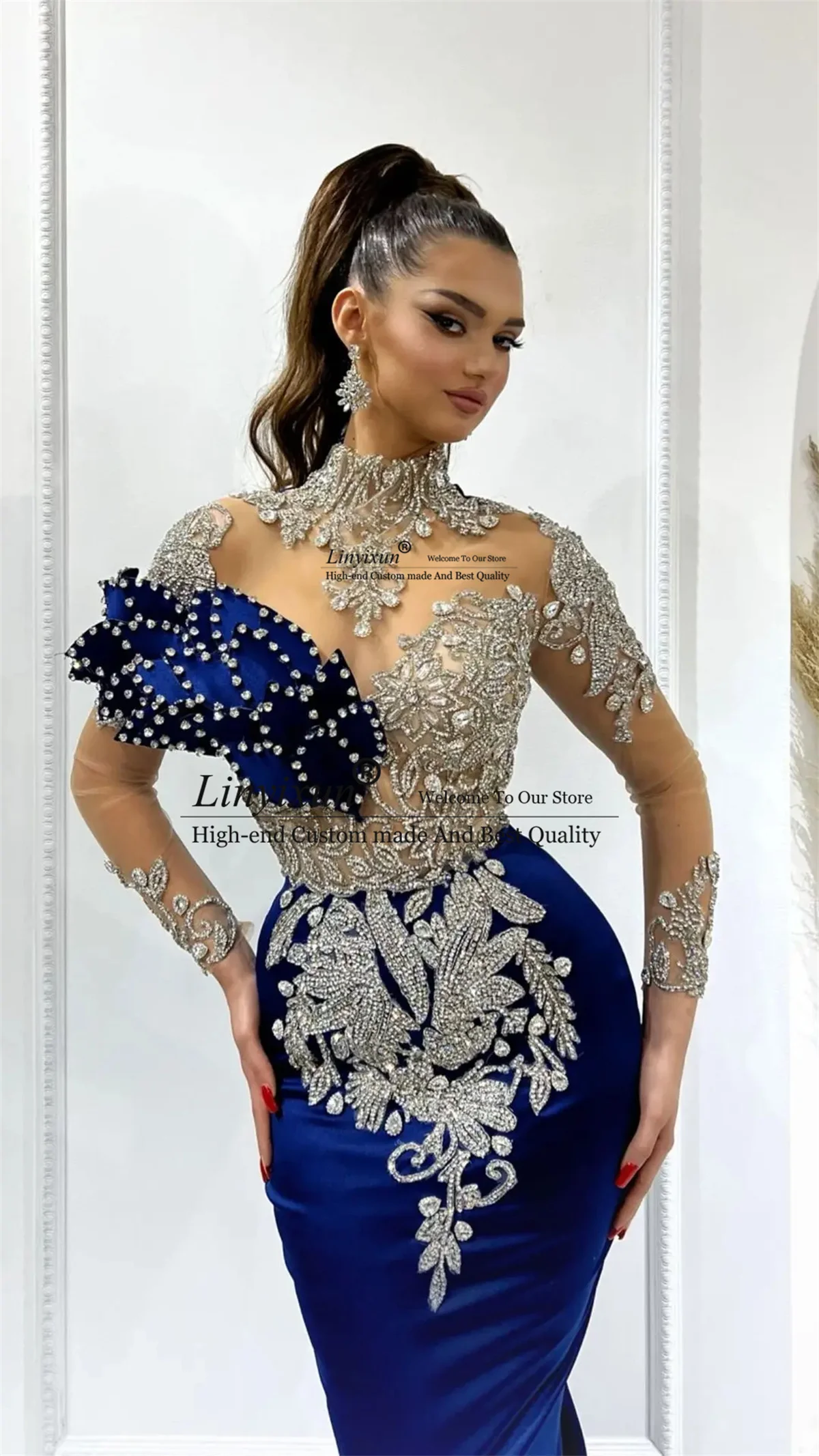 Royal Blue Mermaid Prom Dress Heavy Beading Arabic Dubai Evening Party Gowns for Wedding Pageant Long Sleeves vestidos de noche