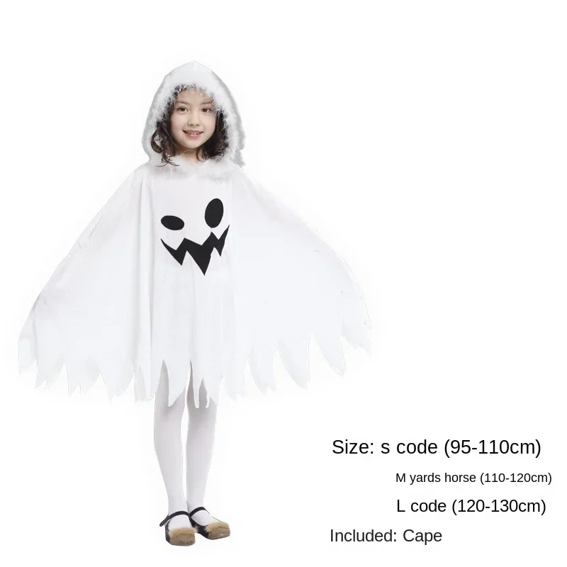 Halloween Cloak Cloak Children\'s White Ghost Print Cosplay Dress Up Cross-Border Hot Selling Elf Costume Halloweenfor Women