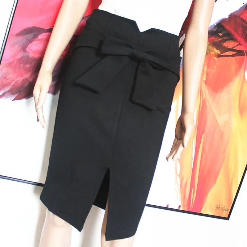 Women Skinny Pencil Skirt New Fashion Knee Length High Waist Casual Bodycon Skirt Bow Skirts