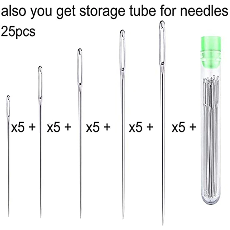 100 Large Eye Stitching Needles - 5 Sizes Big Eye Hand Sewing Needles In Clear Storage Tube For Stitching, And Crafting