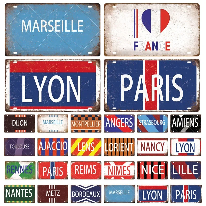 France City License Plate Metal Sign Retro Vintage Plaque Tin Sign Plate PARIS/LYON/MARSEILLE Flag Poster Wall Decor Bar Decor