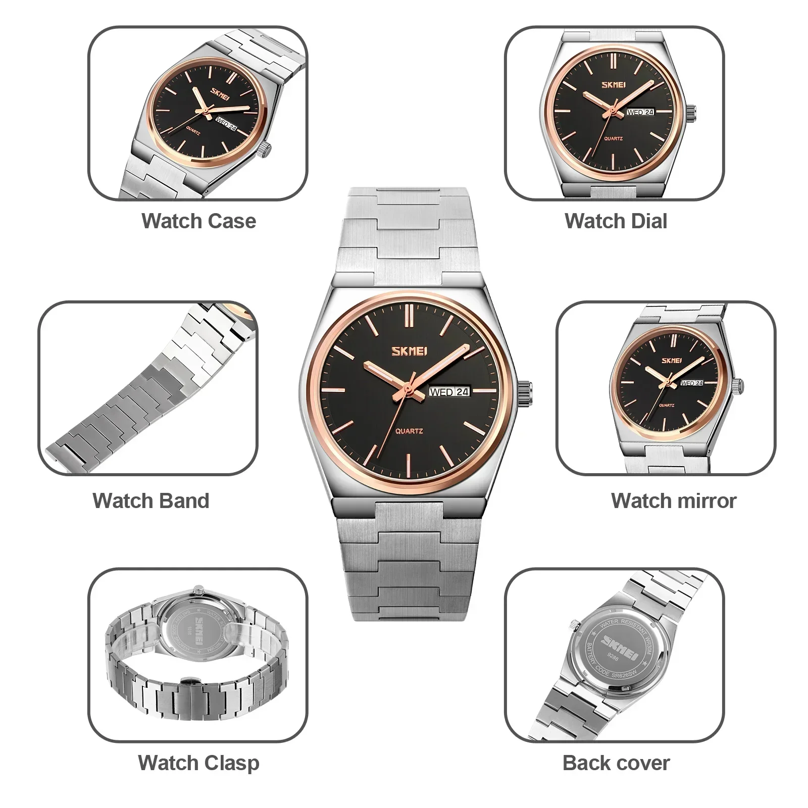 SKMEI-Montre à quartz étanche pour homme, montres-bracelets d'affaires, horloge décontractée, plein acier, temps, semaine, sport, homme, 9288