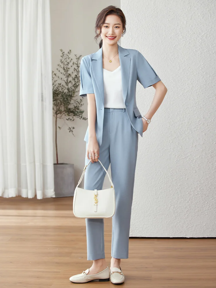 Vimly Elegant Summer Office Outfits Women 2 Pieces Pant Sets 2023 Chic and Elegant Short Sleeve Blazers Jacket Women\'s Suits