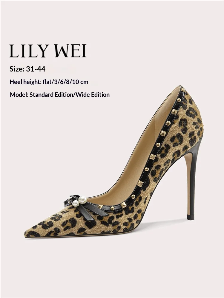 

Autumn new pointed rivets real fur leopard flat shoes banquet large size small size thin high heels widened version women's shoe