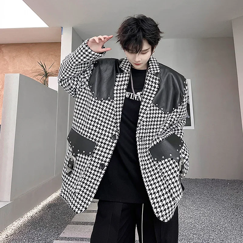 

Leather Splice Plaid Rivet Decoration Blazer Men Korean Streetwear Oversize Loose Casual Blazers Suit Jacket Women Suit Coat