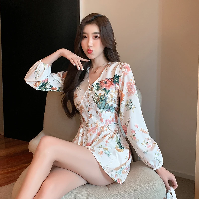 Fashion Print Lantern Sleeve Shorts Rompers For Women 2023 Summer Casual V Neck Button Wide Leg Jumpsuit Female Bodysuit Clothes