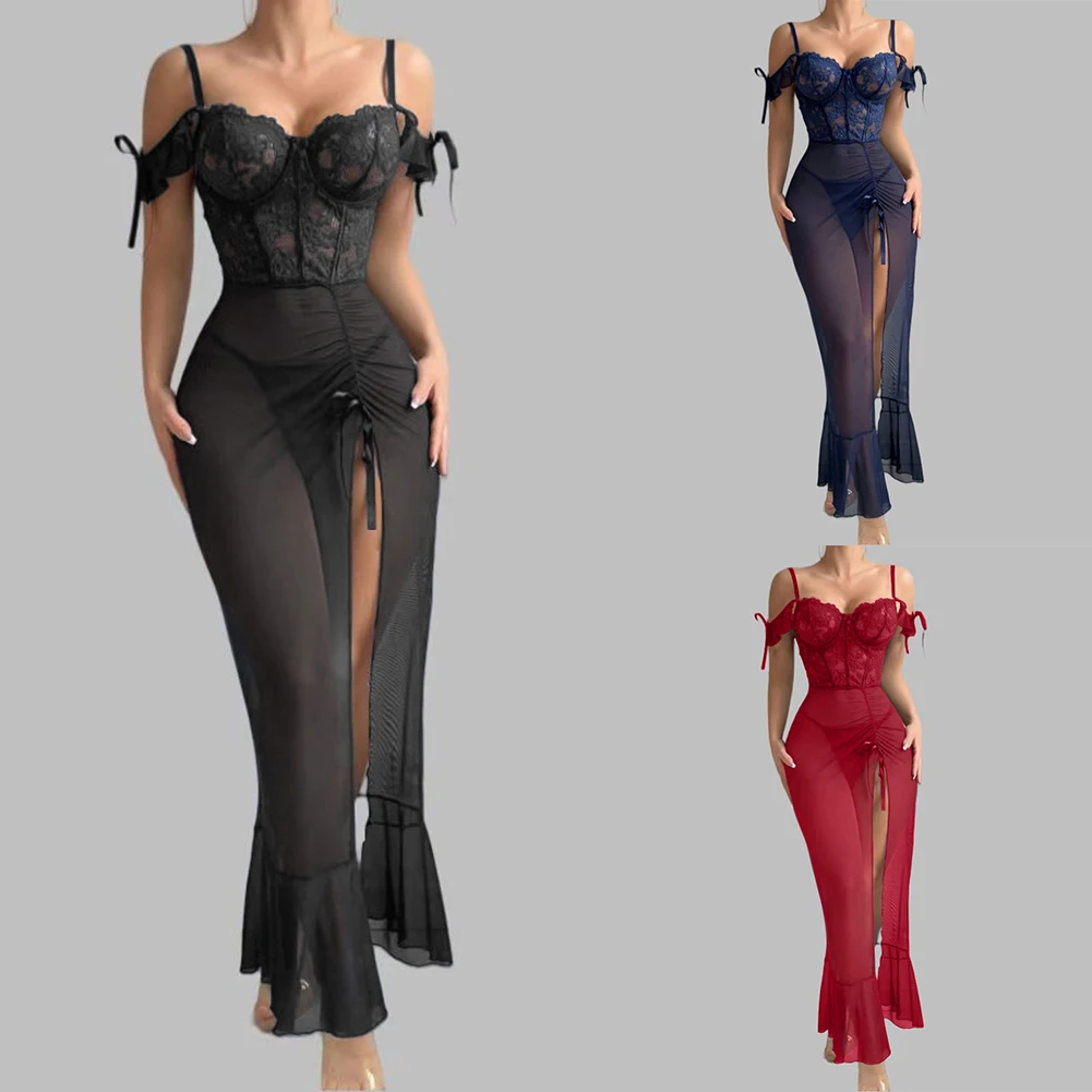 

Ladies V Neck Sleepwear with Spaghetti Straps Lace Up Detail Sheer Mesh Fabric and Slit Design Includes Nightdress and Panties