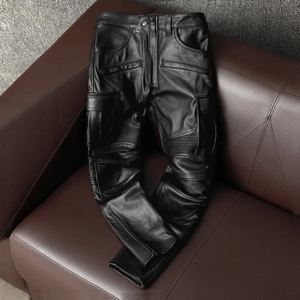Locomotive first layer cowhide soft motorcycle riding can add protective gear leather pants