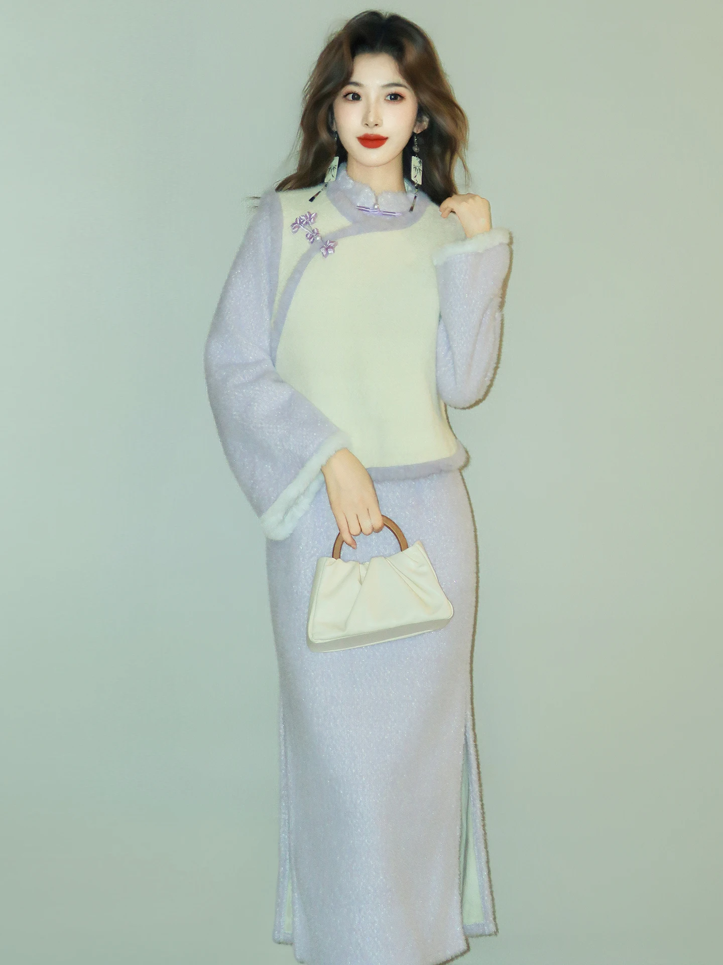 

Фиолетовое зимнее винтажное женское платье с жилетом, теплое, из полиэфирного волокна, с высоким разрезом, длинными рукавами, миди-платье