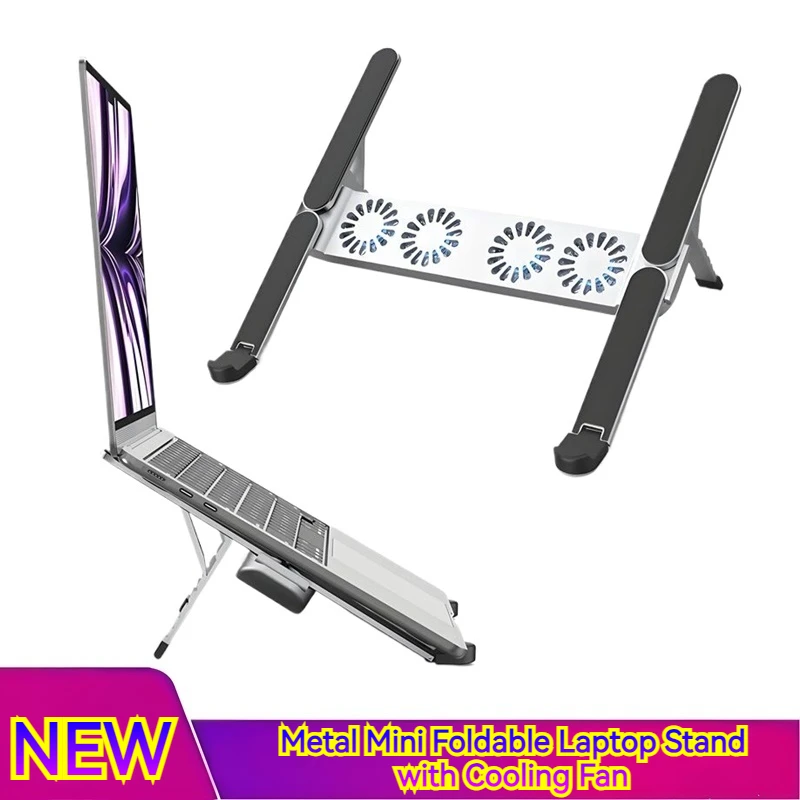 

Metal Foldable Laptop Stand with 4 Cooling Fans Night Light Angle Adjustable Portable Desktop Holder for MacBook Dell HP Lenovo