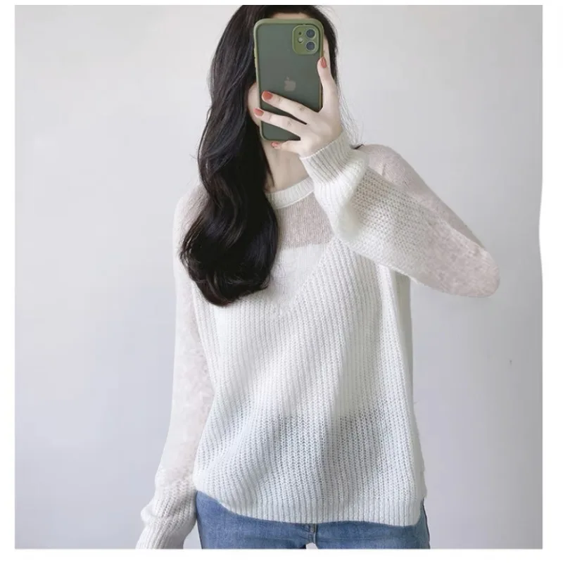 Micro-transparent Splicing Knitted Women's Spring and Autumn Bat Lazy Sweet Temperament Top Sweater New Loose Temperament