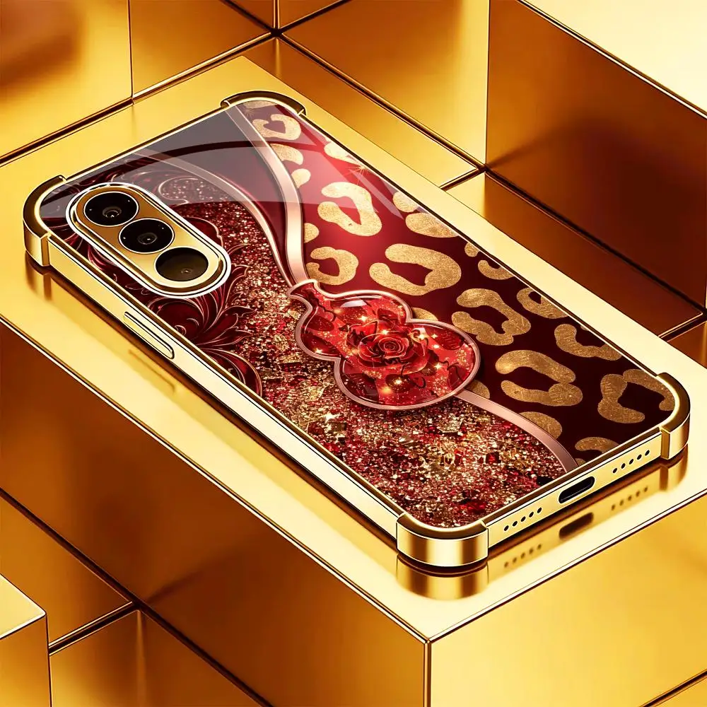 Leopard Red Gourd Rose Exquisite Fashion HD glass phone case for Samsung Galaxy S26 S25 S24 S23 S22 FE,Ultra,Plus Dropresistant