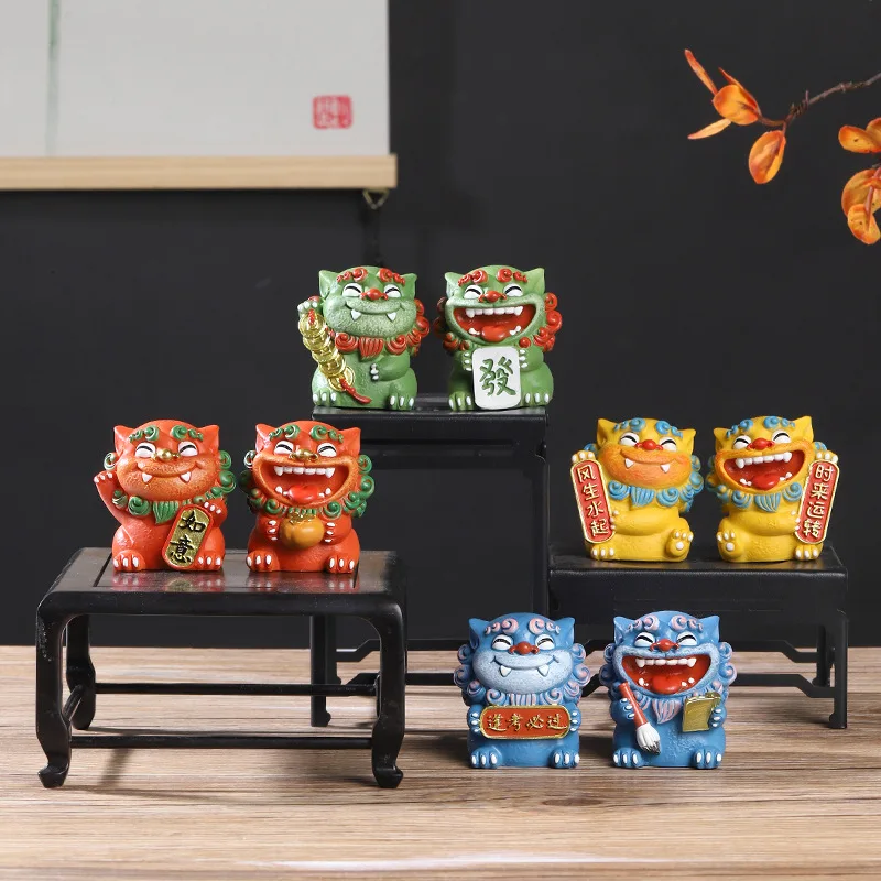 Cute Chinese Lucky Lion Resin Figurine New Year Gift Tea Pet Desktop Ornament FengShui Statue Living Room Office Shelf HomeDecor