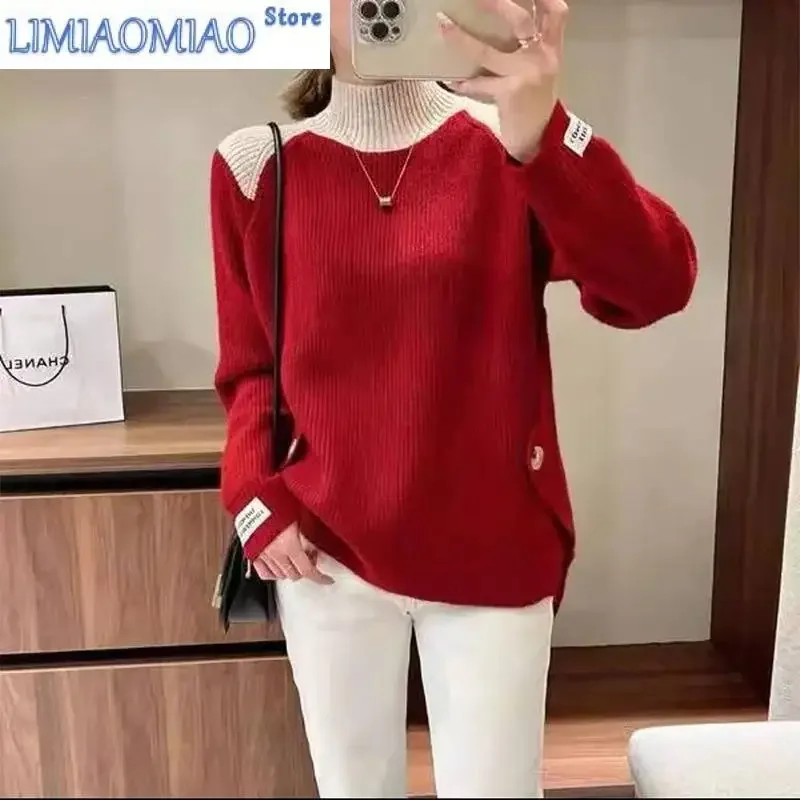 

Personality Color Blocking Thickening Knitting Sweaters Women New High-quality Long Sleeve Mock Neck Loose Bottoming Shirt Top