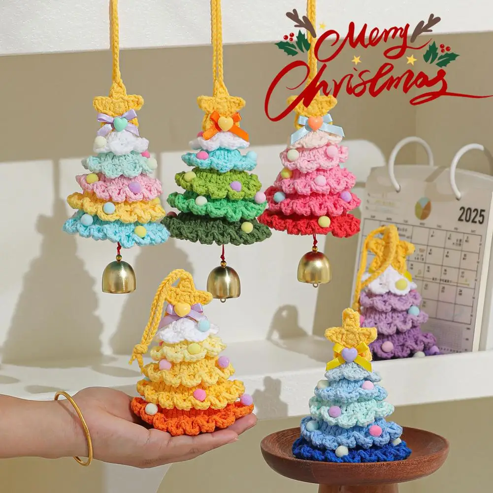 Mini Christmas Tree Ornament Multi-layered Knitted Christmas Tree Ornament with Bell Star Top Mini Crochet Hanging for Wall