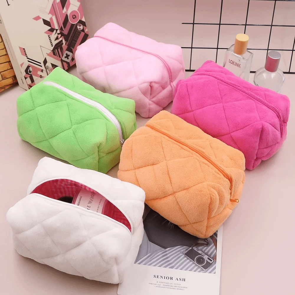 

Versatile Large Capacity Cosmetic Bag Pure Color Portable Design Makeup Bag Kawaii Style Plush Material Storage Bag Washbag