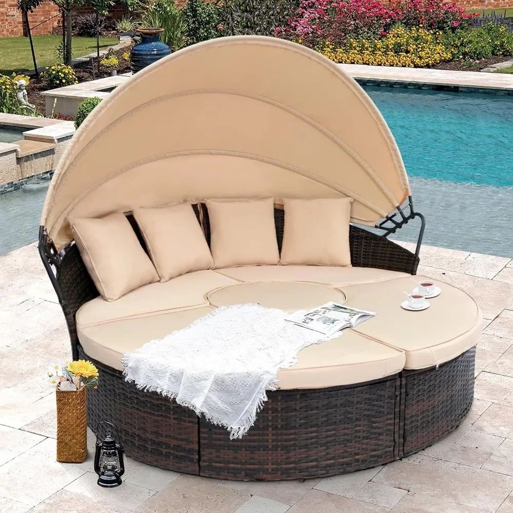 

Outdoor Terrace Circular Sofa Bed with Retractable Canopy, Brown Wicker Furniture Combination Sofa with Washable Cushion