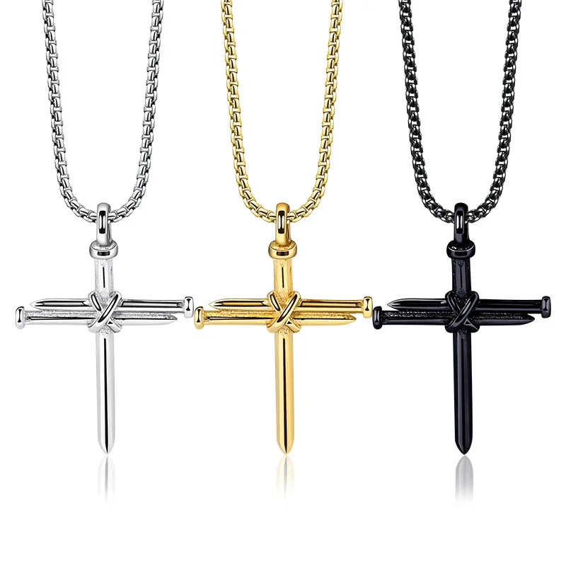 Steel Gold Black Color Fashion Mens Iron Nail Cross Pendant Necklace Stainless Steel 3mm Round Box Chain Jewelry Gift For Boys