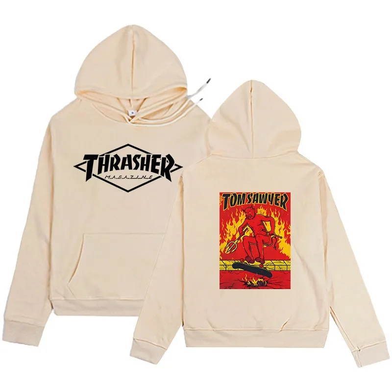 Camiseta de tela Tamaño europeo Venta caliente de la temporada Sudadera con capucha de marca de moda THRASHER Letter Flame Print Color sólido H...