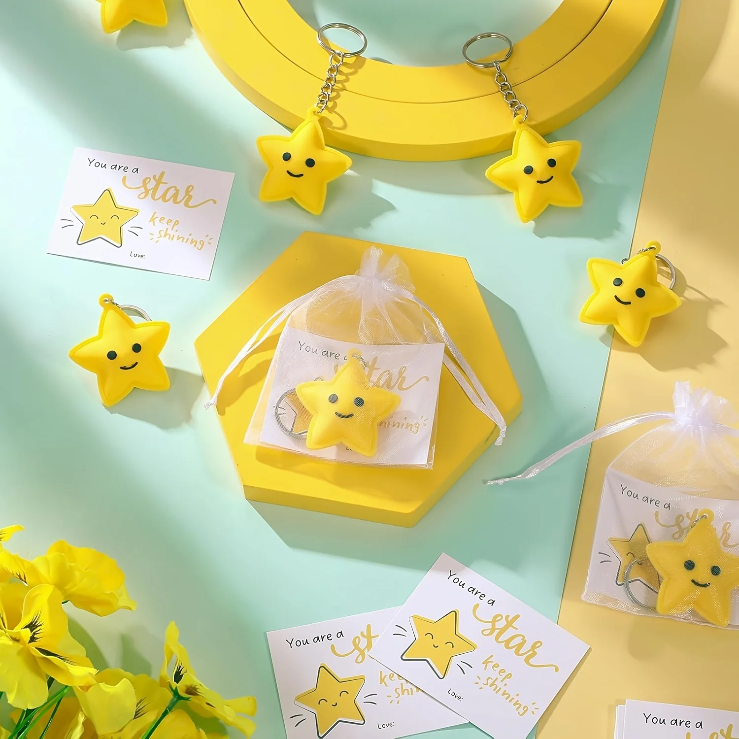 10pcs Cute Smiling Star Keychains Thank You Gift for Rewards Parties Birthday Party Favors Festival Supplies Silicone Bag Charm