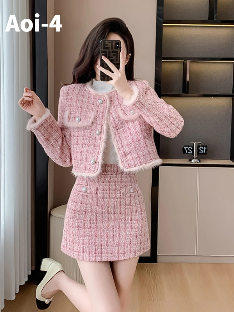 

Fashion Pink Plaid Quilted Suit Women's 2023 Autumn Winter Elegant Mink Hair Stitching Crewneck Coat+A-Line Skirt Two-Piece Set