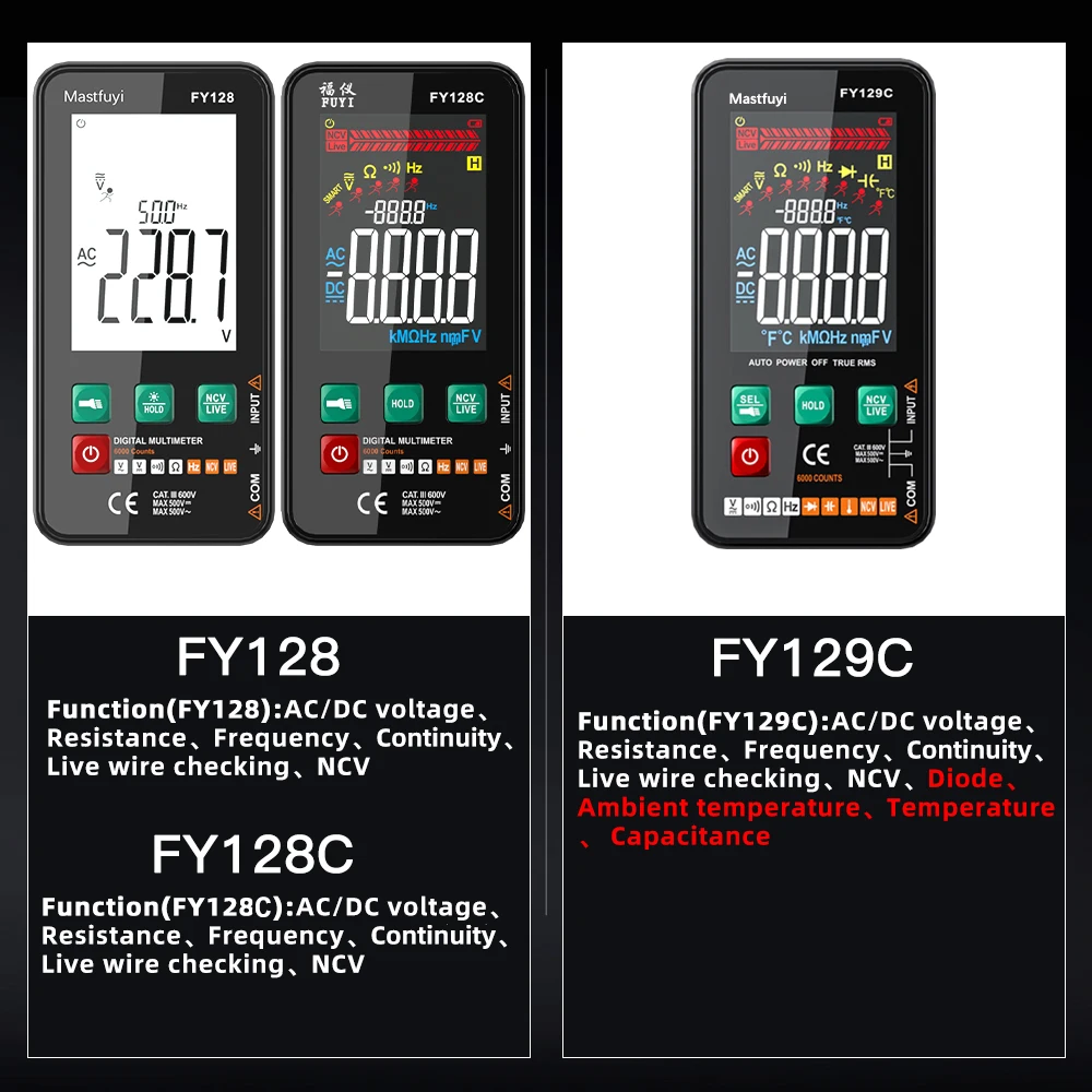 Imagem -05 - Mastfuyu Multímetro Digital Inteligente com Suporte Tela Lcd Colorida Testador de Tensão ac dc Diodo Ohm Frequência Ncv Verificação de Fio Vivo