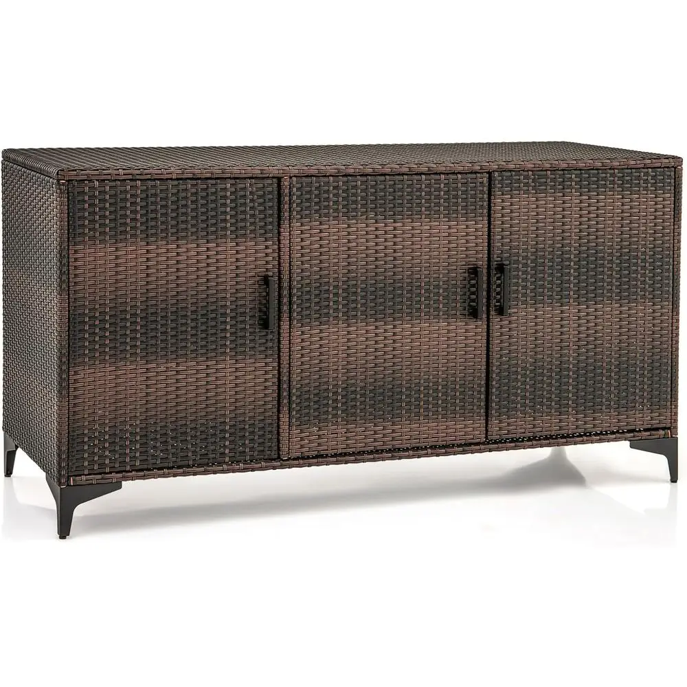 

3-Door Outdoor Wicker Storage Cabinet with Removable Shelves for Patio and Deck, Holds Cushions and Tools (Brown)