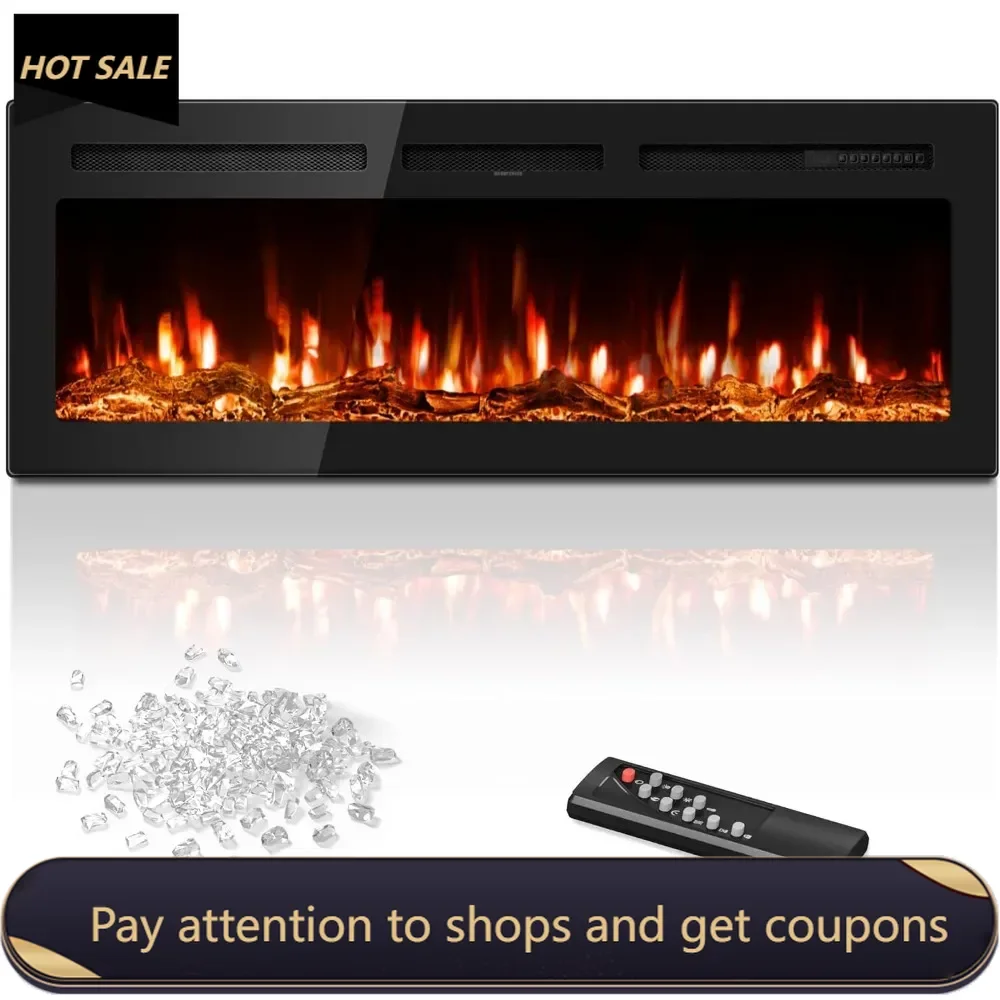 

50 inch Electric Fireplace in-Wall Recessed and Wall Mounted with Remote Control，1500/750W Fireplace Heater(60-99°F Thermostat)