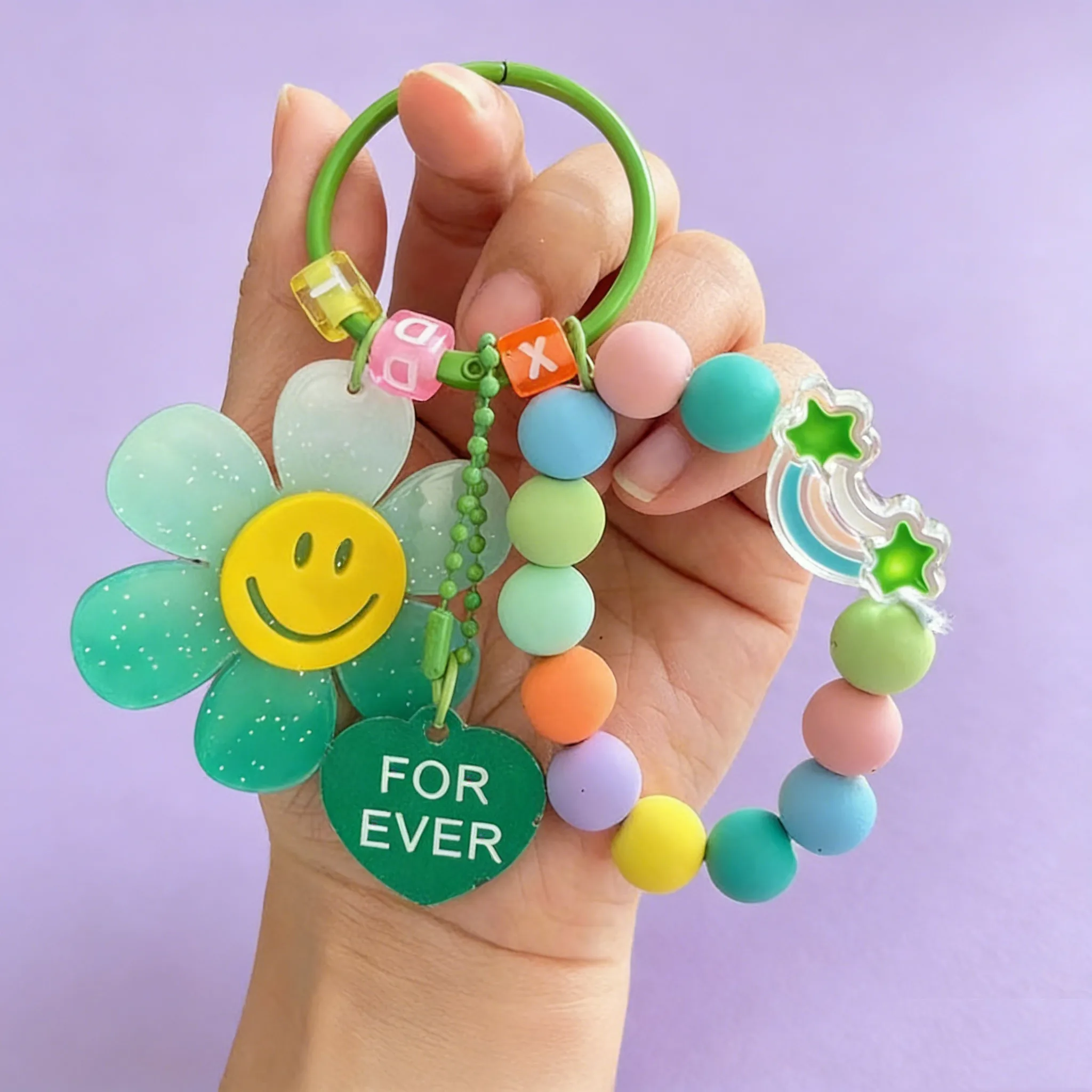 Letter Sunflower Bag Pendant Happy Face Rubber Bead Rainbow Hand Beaded Key Chain