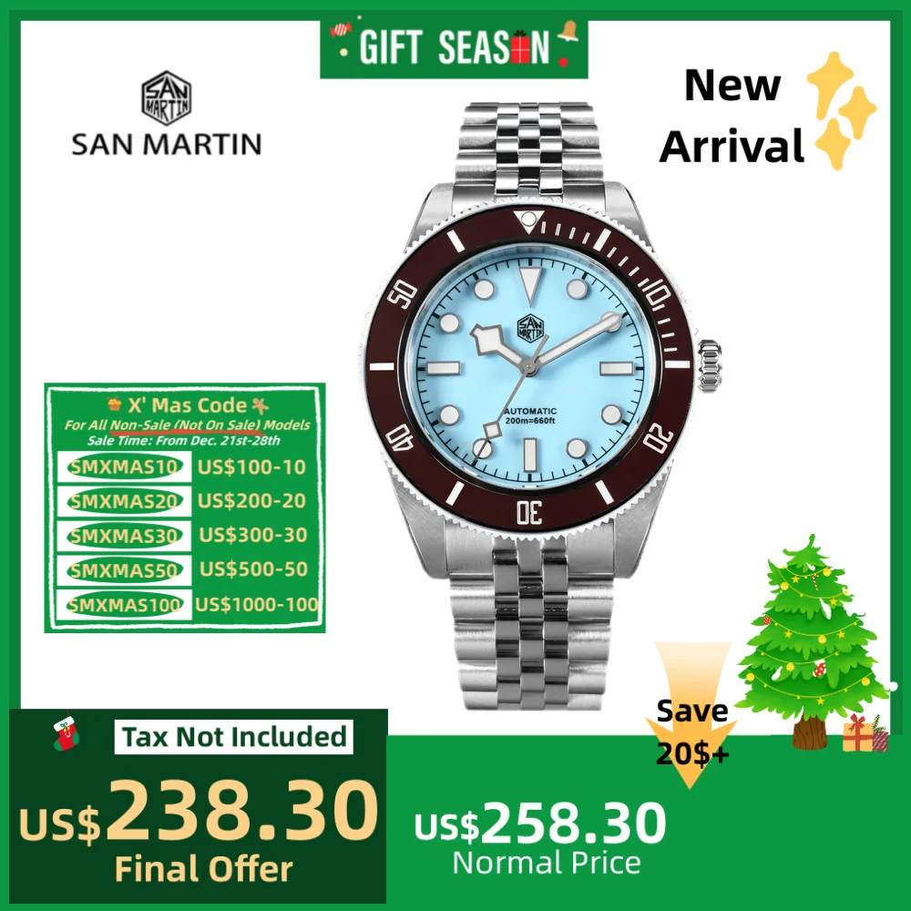 

San Martin 40mm Jubilee NH35 Automatic Watch Men Enamel Blue Dial Brown Bezel Luxury Snowflake BGW-X1 Sapphire Dive SN0128-4