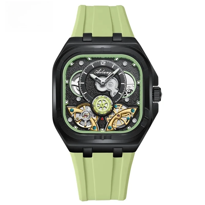 

Luxury Square Case Tourbillon Mechanical Watches for Men Sports Silicone Strap Automatic Skeleton Watches Mens