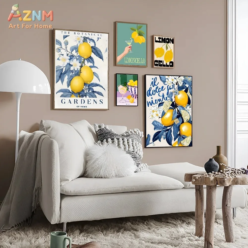 AZNM Vintage Lemon Botanical Canvas Wall Art, Retro Limoncello Citrus Fruit Illustration Print, Frameless Colorful Yellow Lemon