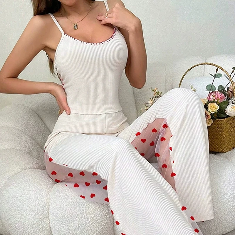 

White Women's Crochet Lace 2 Pieces Pajamas Heart Print Sleeveless V-Neck Set Casual Sleepwear Suit Sexy Home Clothes Summer