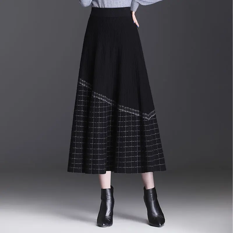 

Black Knitted Long Pleated Skirts Women Autumn Winter Warm High Waist Midi Skirt Ladies Office Skirts