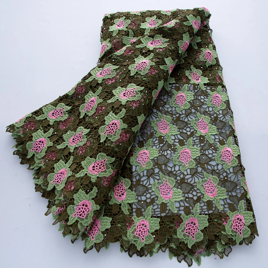 Latest Green African Guipure Lace Fabric 2026 High Quality Lace French Cord Lace Fabric With Stones For Wedding 5Yards