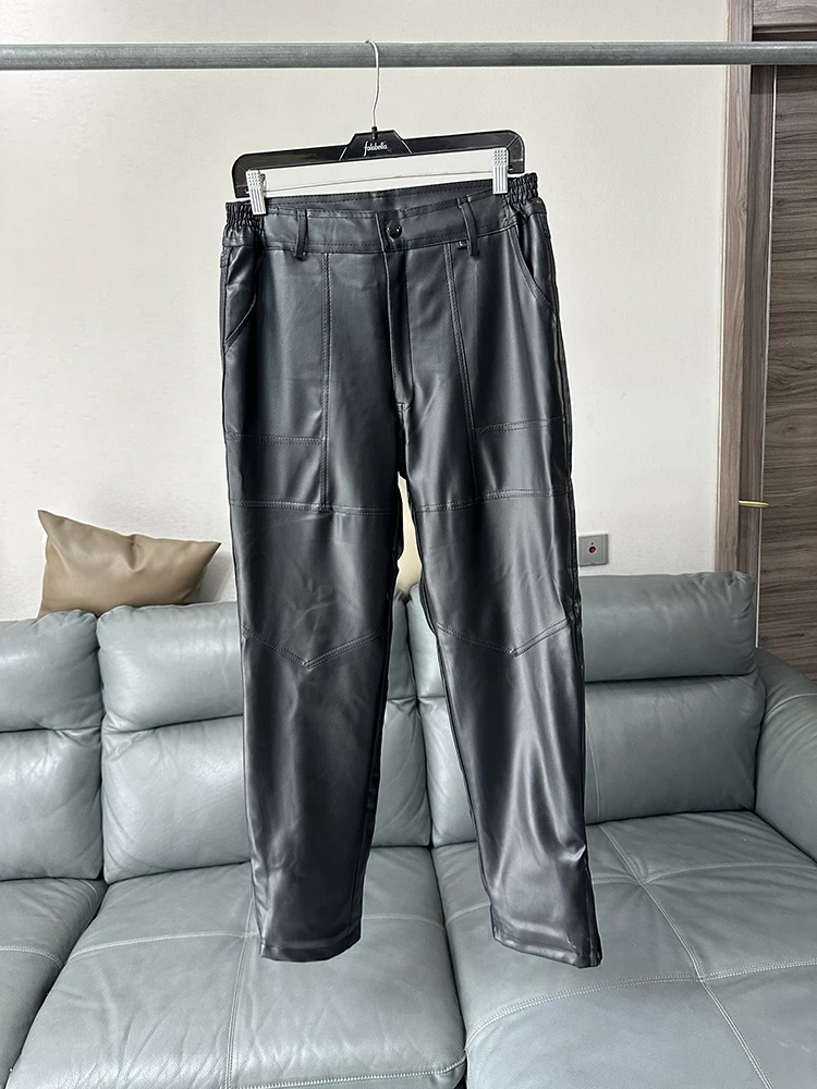 

Thiened Fce Windproof Leather Pants Winter Men's Waterproof Motorcycle very Riding Cold Proof Casual Straight Leg Pants