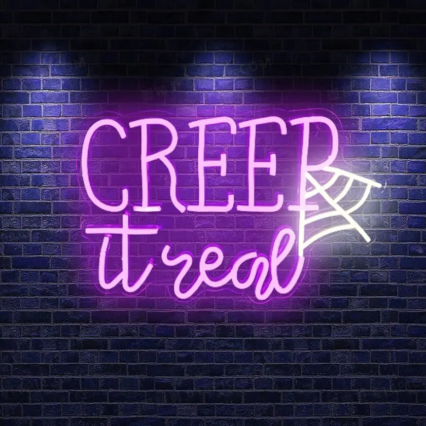 Creep It Real Halloween Neon Light With Spider Web Pattern Wall Decor For Spooky Holiday Party Decoration