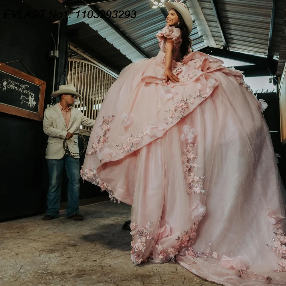 

EVLAST индивидуальное мексиканское розовое платье Quinceanera, бальное платье с цветочной кружевной аппликацией и бантом из бисера, Sweet 16, Vestidos De 15 Anos E1QN515