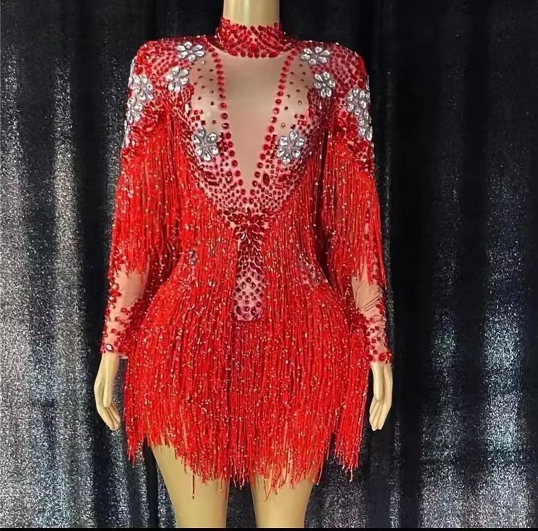 Body rojo con flecos y diamantes de imitación para mujer, traje Sexy de baile en barra, Gogo, ropa de Jazz, traje de Festival puesta en escena de cantante