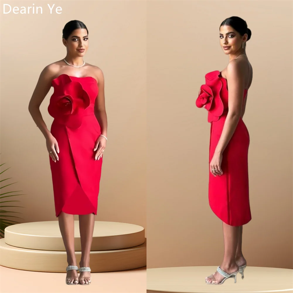 

Customized Saudi Arabia Formal Dress Dearin Strapless Sheath Tea Length Open Back Skirts Layered Hugging Sleeveless Handmade Flo