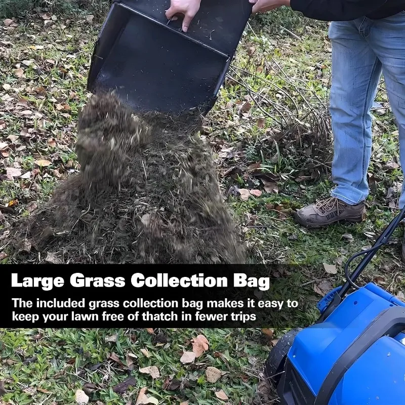 16 Inch  5-Position Depth Adjustment Dethatcher Scarifier 14.5 gal Thatch Bag Electric Powered, 15 Amp Copper Motor