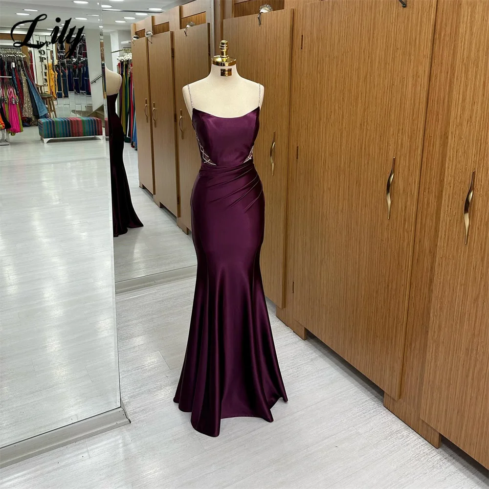 Lily Purple Evening Dress Scoop Neck Lace-Up Mermaid Long Party Dress With Beading Robe De Soirée Spaghetti Straps Prom Dress