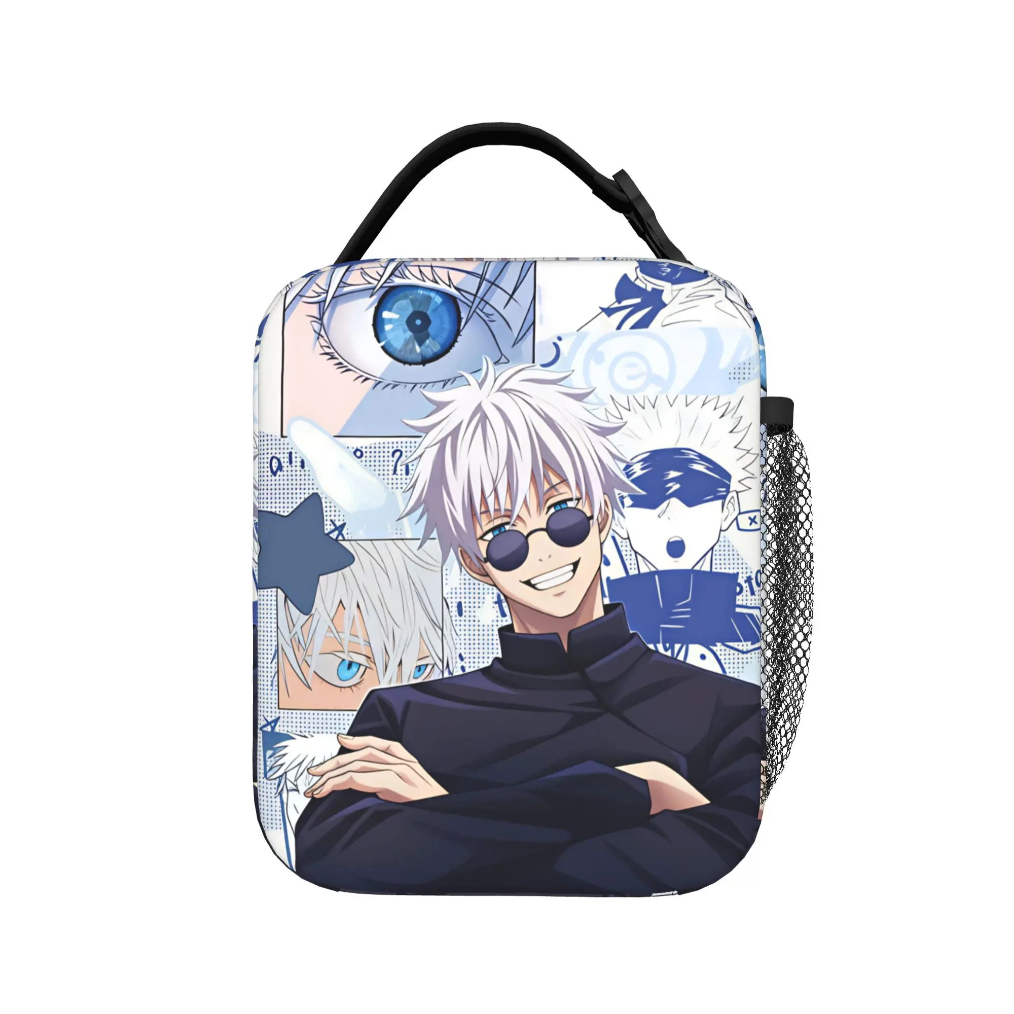Satoru Gojo Comic Animation Lunch Bag  Retro Lunch Box Office Portable Thermal Tote Handbags For Child Oxford Print Cooler Bag