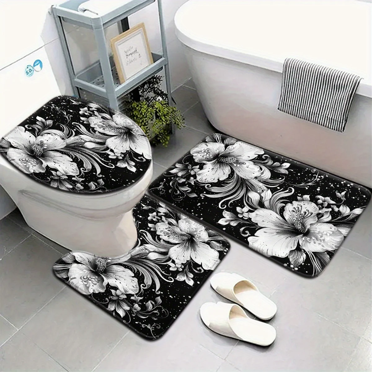 

3 шт. черный фон с цветочным узором белого персика, полиэфирная ткань, который можно стирать в машине, нескользящий коврик, коврик для унитаза, U-образный коврик