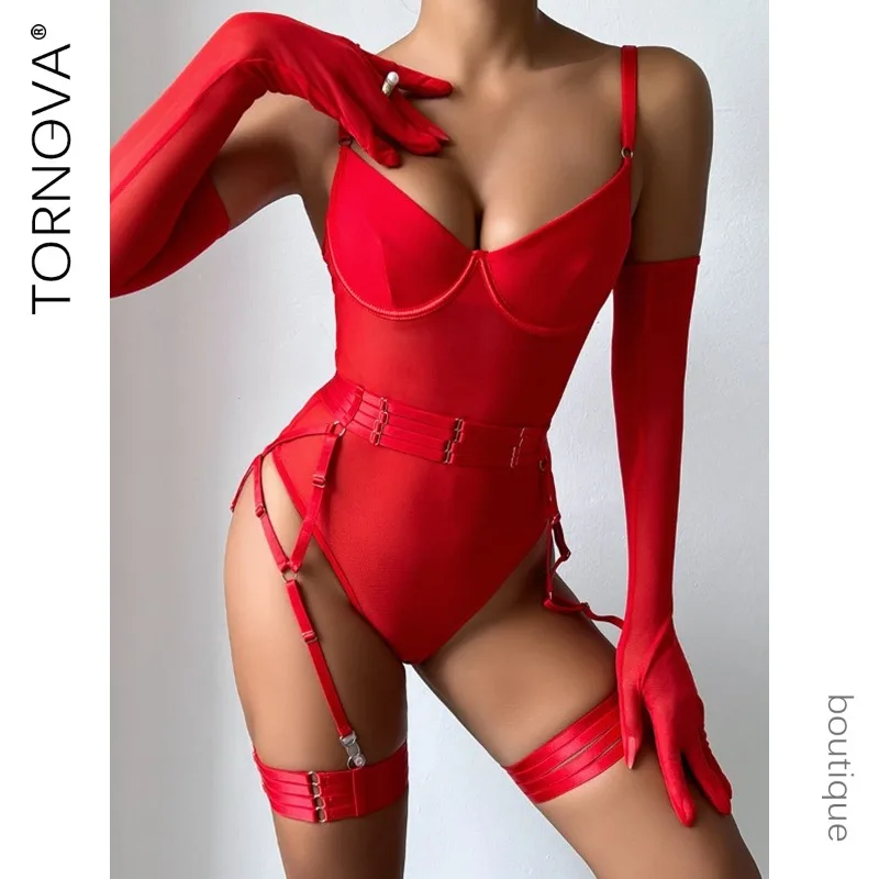 

Tornova Women's Sexy Lingerie Suit with Suspender Strap Heavy Gathered Solid Color Underwear Set with Gloves Perspective Design