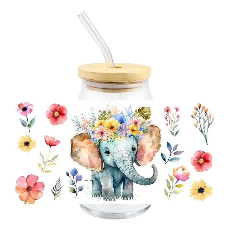 

Cute 3D UV DTF Transfer Wraps Sticker Elephant Flowers Design UV Sticker For 16OZ Cups Wrap Transfer Decals Custom Logo