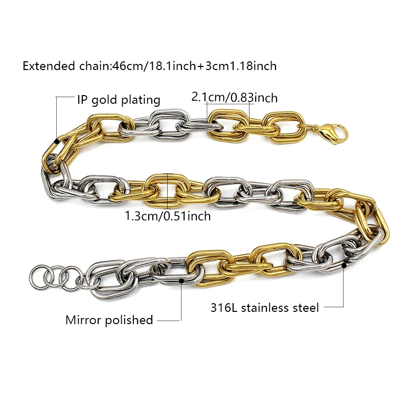 Two-Tone Mixed Gold Silver Paperclip Link Necklace 316L Stainless Steel  Chain Stackable Neck Ornament Women Fashion Jewelry